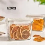 ظرف شیشه ای لیمون مستطیل درب دار 920 میلی (الوان) کد 215335