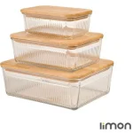 ست ظرف شیشه ای لیمون مستطیل شیار دار درب چوبی کد 221159