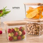 ظرف شیشه ای مستطیل لیمون 920 میلی درب چوبی کد 218859