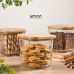 ظرف شیشه‌ای گرد لیمون 860 میلی درب چوبی کد 218959