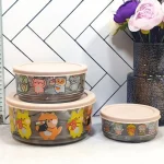 ظرف شیشه ای گرد هوم کت HOMEKET مدل نیلا 3 عددی طرح دار کد 3825